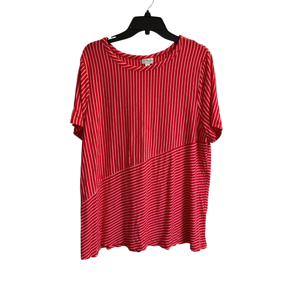 Kim Rogers Curvy Womens 1X Red Pink Striped Short Sleeve Top Asymmetrical Seam